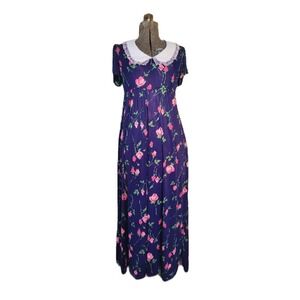 Vintage 70s Floral Maxi Collar Prairie Navy Pink Small‎